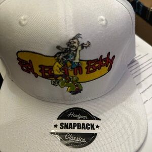 White Snapback Hat with Cartoon Graphic